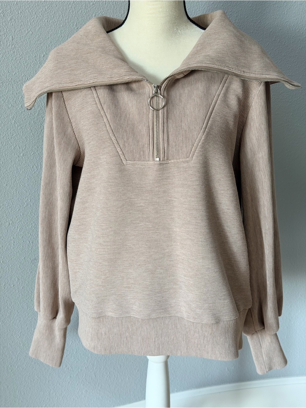 Varley Vine Half Zip Pullover Sweatshirt Ottoman Rib Taupe Marl Small